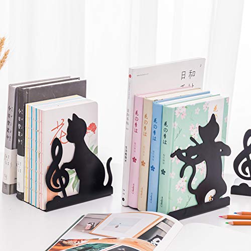 Decorative Art Bookends Cute Cat Playing Music Nonslip Book Ends Supports Books Organizer Heavy Duty Iron Book Stands Stoppers Office School Library Animal Music Note Black Metal Books Holders Racks - color: Violin Cat