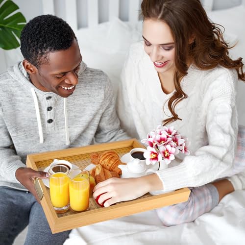 Rattan Woven mesh Surface Wood Serving Tray with Metal Handles, Decorative Tray Service Tray，Modern Boho Design,2-piece Food and Beverage Tray, Coffee Table, Breakfast, Kitchen, Party (Large+Small) - color: Rattan Weaving/Large+small
