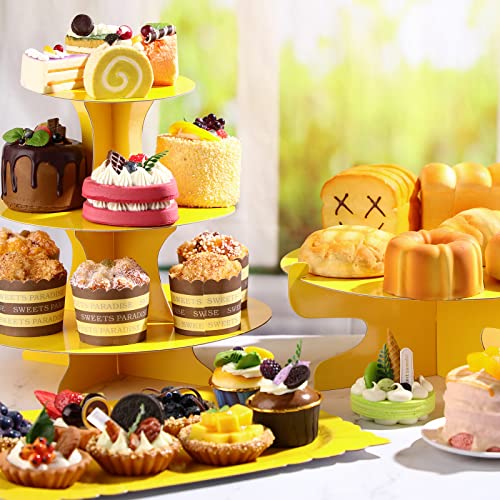 Zopeal 7 Pcs Dessert Table Display Set 3-Tier Cupcake Stand 1-Tier Cup Cake Display Tower Platters and Serving Trays Cardboard Cake Cookie Holders for Wedding Birthday Party Baby Shower(Yellow) - color: Yellow
