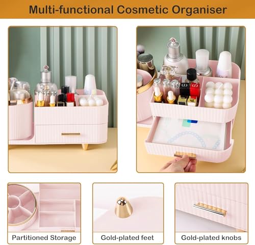 Rotating Makeup Organizer for Vanity with Brush Holder and Drawer, Cosmetic Makeup Storage, Large Spinning Makeup Skincare Organizer, Countertop Makeup Perfume Organizer, Lotions Display Case (Pink) - color: With Drawer-Pink