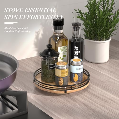 9" Oak Wood Lazy Susan Turntable Organizer for Cabinet, Round Wooden Farmhouse Lazy Susan Organization and Storage for Dining Table, Pantry, Kitchen, Countertop, Cupboard,Home Decor - color: Brown & Black, size: 9 inches