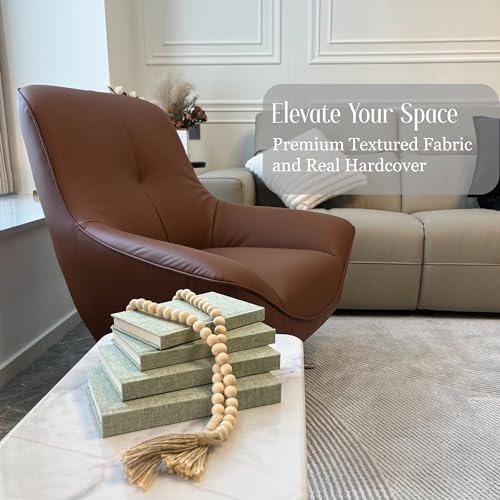 Linen Covered Decorative Books 4 Pieces, Neutral Home Decor Coffee Table Books with Wooden Beaded Tassel, Stacked Books for Rustic Farmhouse Modern, Boho, Bookshelf, Fireplace Mantel Decor, Sage - color: Sage