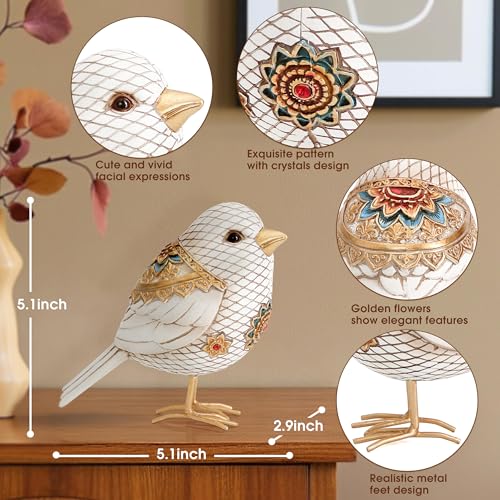 Bird Figuriens for Home Decor Accents,Boho Bird Statue Sculpture for Shelf Decor,Birds Decorations for Home Table Bookshelf Mantels Office,Vintage Animal Decor,Decorative Birds Gifts for Women - color: White