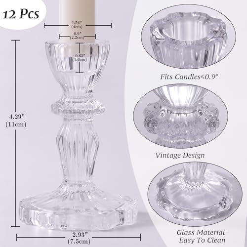12pcs Taper Candle Holders, Candlestick Holders, Glass Candle Holder - Vintage Flower Design Candle Holders for Wedding & Home Table Decoration, Christmas Decor (Clear) - color: Clear