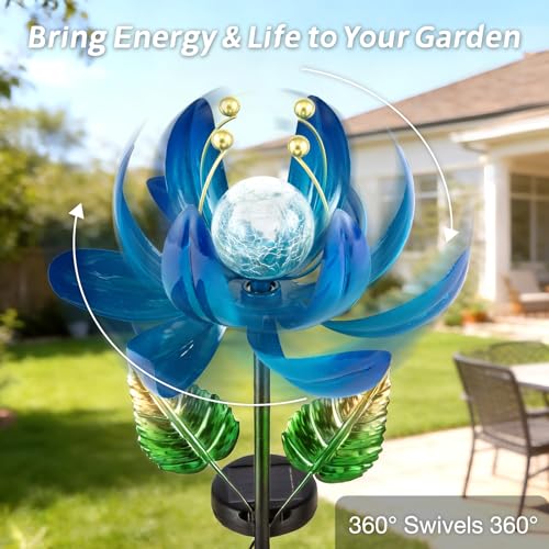 AIINY Solar Garden Lights Metal Flower Decor, Colorful Lotus Pathway Spinning Windmill with LED Cracked Crystal Ball Outdoor Decorative Stake Lighting Waterproof Flower Sculpture for Patio Yard - color: Dazzling Blue