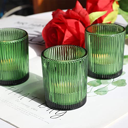 VOHO 12pcs Candle Holder Ribbed Glass, Green Votive Candle Holders for Wedding Party Table Centerpieces, Glass Tealight Candle Holder for Birthday Gift(2.1'' x 2.6'', Green) - color: Green