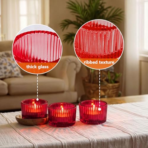 JOYIT Red Votive Candle Holders Bulk Set of 4, Tealight Candle Holder for Wedding Table Centerpiece, Glass Small Candle Holders for Birthday Party, Valentine's Day, Home Decor (2''X 1.4'') - color: Red