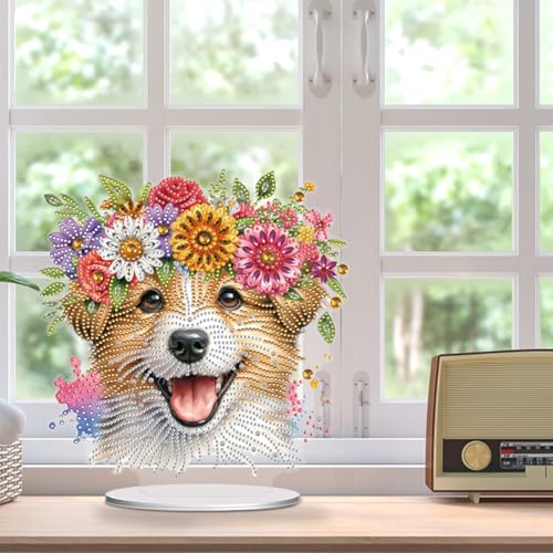 5D Tabletop Diamond Art Kit Flower Puppy, Stand Up Special Shaped Crystal Diamond Art Tabletop Kit for Adults, DIY Desktop Gem Painting Craft Desk Kit, Double Sided, Box Package (Pink) - color: Flower Puppy (Pink)