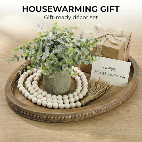 16" x 11.8" Oval Wood Decorative Tray with 58" Bead Garland, Farmhouse Coffee Table & Kitchen Island Décor, Rustic Brown Entryway Console Tray for Styling, Candles & Small Items