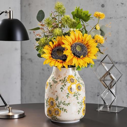 for Mom from Daughter or Son, Sunflower Vintage Ceramic Yellow Floral Vase 7.8”, Beige & Green Chinoiserie Decor, Rustic Tuscan Home Vase for Mantle, Table Centerpiece - color: Yellow Sunflower - 001