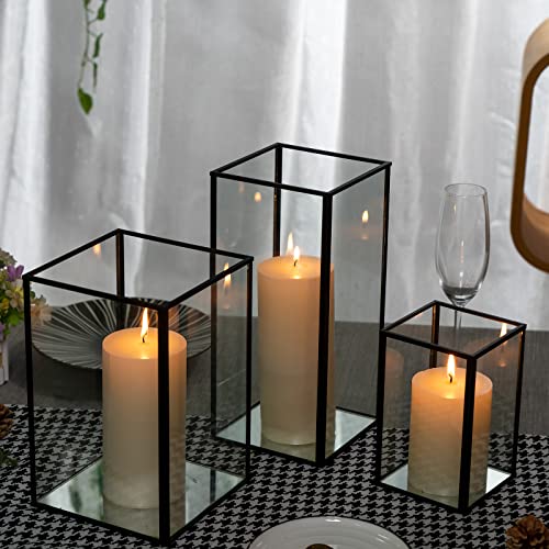 yshengood Large Glass Hurricane Candle Holder Set of 3 PCS, Black Frame and Glass Hurricane Candleholders - size: 3-Piece Set (3 Large)