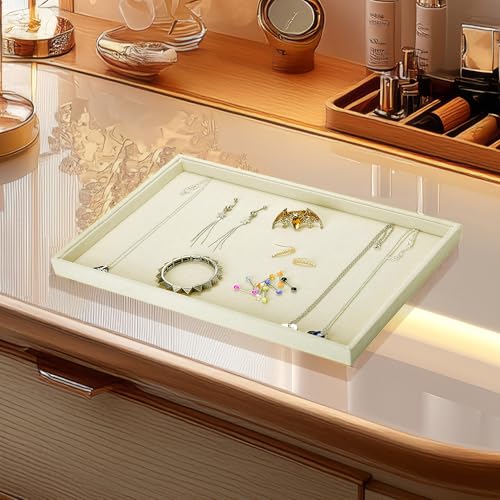 Mornajina 13.8" x 9.5" Velvet Jewelry Tray Jewelry Display Tray, Stackable Empty Plate Trays for Earrings Necklaces Bracelet Rings Display Showcase - Light Khaki - color: Light Khaki, size: Flat Tray 13.8"x9.5"