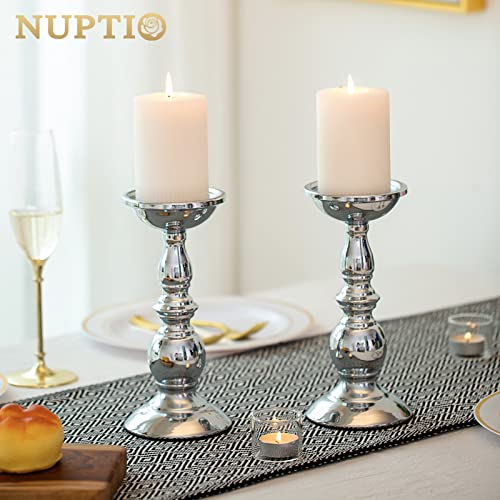 Nuptio Silver Pillar Candle Holders, Wedding Centerpieces Metal Candle Holder for 3 inches Candles Stand Decoration Ideal for Weddings Special Events Parties Living Room, 2 Pcs - color: Silver, size: L + L
