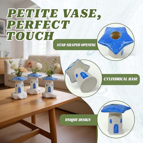 MOUGIGI Cute Blue House Ceramic Bud Vase Set of 3 - Handmade Miniature Vase with Star Roof for Dried Flowers, Chic Japandi Style Decor for Entryway, Dining,Coffee Table - Ideal Small Gift for Home - color: 3 Pcs Birdhouse Bud Vase