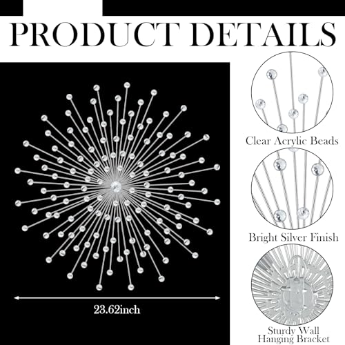 Blulu Silver Crystal Sunburst Wall Decor Large Rhinestones Metal Burst Bling Wall Art Home Decorative Sunburst Hanging Diamond Accents for Living Room Bedroom, 23.6 x 23.6 Inch