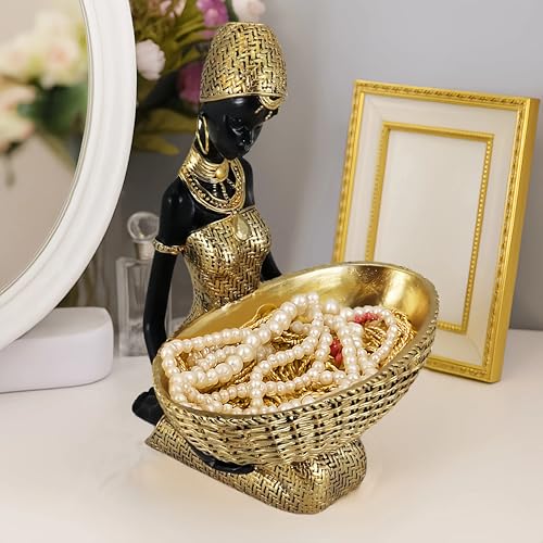 African Tribal Resin Statue - Handcrafted Gold Accent Figure with Bowl, Ethnic Home Decor Art Piece for Shelf & Table Display, Bohemian Gift Idea - color: 301gold
