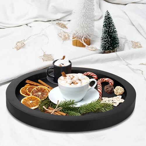Round Decorative Tray for Coffee Dining Table Countertop Small Wooden Serving Trays Farmhouse Kitchen Home Living Room Decor and Bathroom Accessories Tray Black Rustic Wood Candle Centerpiece Trays - color: Black, size: 11"