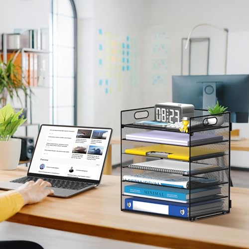 7-Tier Paper Organizer for Desk, Letter Tray with Handle Mesh Desk File Organizer, Workspace Organizers, Paper Sorter Organizer for Office Home School (Black) - color: Black