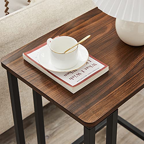 VASAGLE End Table, C Shaped TV Tray with Metal Frame Rolling Casters, Industrial Side Table for Living Room Bedroom, 19.7 x 13.8 x 23.6 Inches, Dark Walnut and Black - color: Dark Walnut + Black