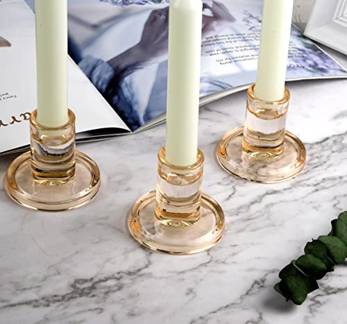 12pcs Amber Taper Candle Holders, Glass Crystal Candlestick Holders Bulk, Clear Candle Holders for Dining Table Centerpiece - color: Amber 12pcs