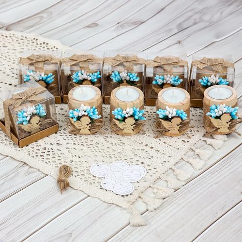 10 Pieces Handmade Wooden Angel Tea Candle Holder, Baptism Gift, Baby Shower Favors for Guests, Birthday Party Favors,Adult Baptism.(Light-Blue) - color: Blue