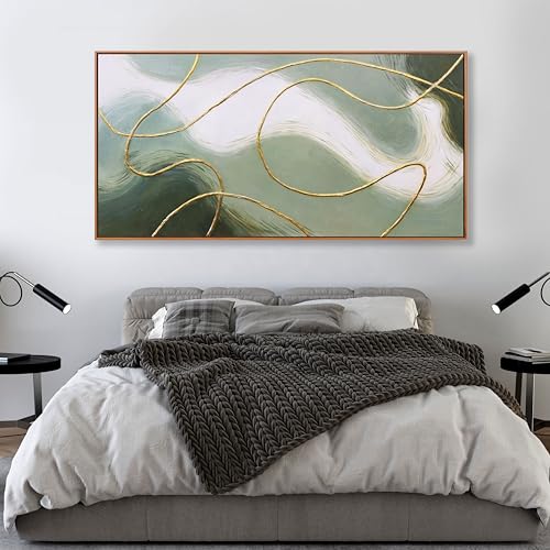 Abstract Wall Art Minimalism Green White and Gold Lines Boho Canvas Wall Decor Framed Artwork Modern Home Wall Decor for Living Room Bedroom Office 20"x40" - color: Green, size: 40"L x 20"W
