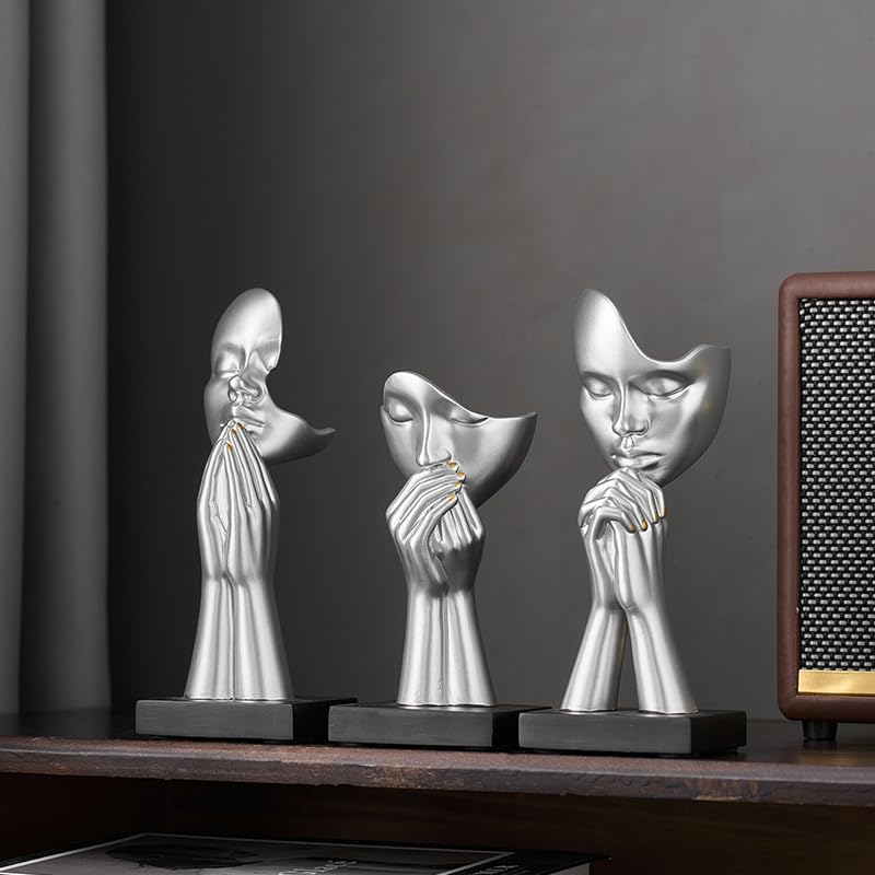 3-Piece Set of Thinker Statues, Gold and Silver Black Abstract Art Meditation Prayer Sculptures, Modern Home or Office Decoration Art Gifts - color: Silver