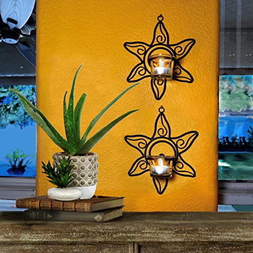 Lily’s Home Southwestern Sun Decorative Votive Candle Tea Light Wall Mount Sconces, Black Steel, with Clear Glass Tealight Candle Holders, Set of 2 - color: Southwestern Sun