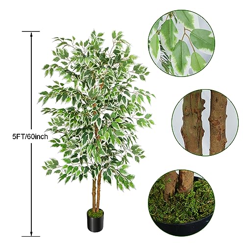 GTIDEA 5ft Ficus Tree Artificial, Tall Fake Tree with Natural Trunk Faux Trees Indoor Silk Ficus Leaves Artificial Trees for Home Decor Indoor Summer Office Living Room Outdoor (Included Dried Moss) - color: 5ft
