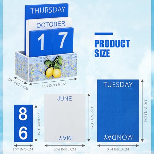 AceOrbit Tile Lemon Wood Block Perpetual Calendar Coquettish Desk Decor Blue Mediterranean Amalfi Coast Decor Cute Month Week Date Display Decorative Block Calendar for Office Home Desk Gift for Women - style: Tile Lemon