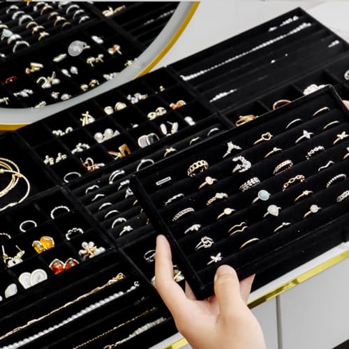SPAKOWN Jewelry Drawer Organizer Inserts Set of 9, Jewelry Trays for Drawers Velvet Jewelry Organizer Tray Drawer Jewelry Organizers and Storage for Earring Ring Necklace Watch Bracelet (Black) - color: Black
