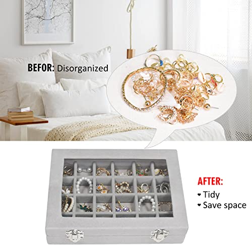 Vicoter Velvet Jewelry Box 24 Grid Jewelry Ring Display Organiser Box Tray Holder Earrings Storage Case for Girls Wife Mom Women (Gray) - color: Gray