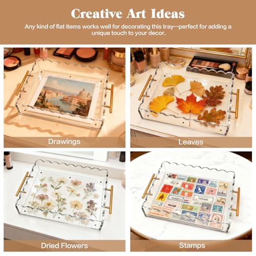 Acrylic Scalloped Tray 14'' X 11'' Acrylic Serving Tray with Magnetic Mat and Handles for Customizable Picture, Clear Acrylic Tray for Bathroom Kitchen Living Room Decor Vanity Perfume