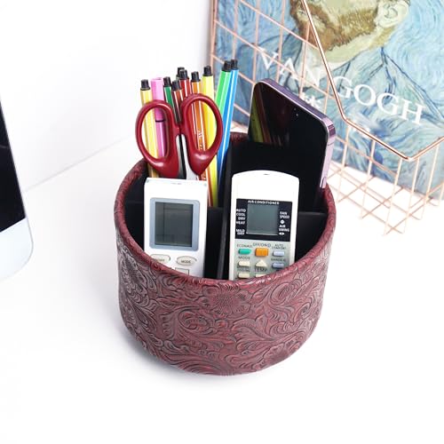 lizimandu Round Leather Art Supply Organizer,Remote Control Holder,360 Degree Spinning,Multi-Functional Pencil Holder,4 Compartments Desktop Stationary Organizer(1-Carved Red) - color: 1-Carved Red