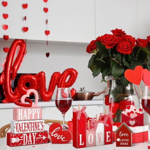 Vercraft 11 Pcs Valentine's Day Table Decorations Red Heart Tiered Tray Decor Love Centerpiece Pink Wooden Books Home Table Top Decor for Wedding Party Supplies - style: Love