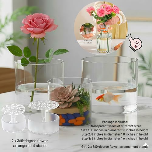 Liotww Unbreakable Acrylic Vase Set - Wide Mouth Short Cylinder Vases with Holder, Clear Plastic Flower Vase for Home Decor Wedding Centerpiece (D10”/7.8”/6” Not Glass) - color: XL 3 Clear-e