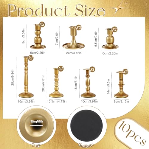 Mumufy Matte Candlestick Holders, Metal Wedding Taper Candle Holders Vintage Candles Stand Set, Candle Stick Decor for Mantel Table Centerpiece Wedding Dining Table Decor Mantelpiece(Gold,10 Pcs) - color: Gold