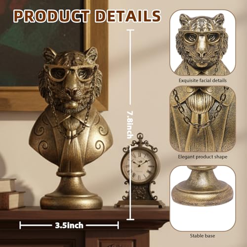 Vintage Animal Statue Sculpture,Gold Resin Tiger Bust Figurine with Glasses & Suit, Retro Office Desk Decor for Home Living Room, Creative Gift for Animal Lovers - color: Tiger Bust