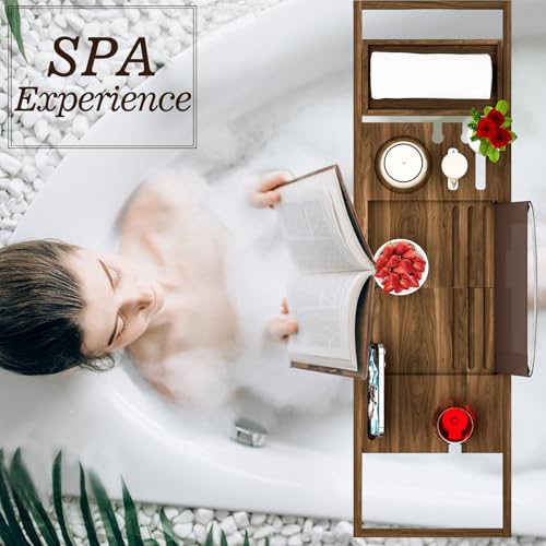 Premium Teak Bathtub Tray Caddy, Wooden Bath Caddy Trays for Bathtub, Bath Tub Wood Tray Table for Tub,Expandable Size, Fits Most Bath Tubs - color: Teak Wood