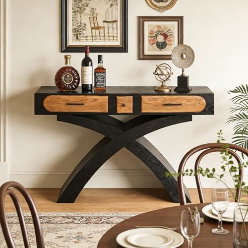 WILLIAMSPACE 47.24" Rectangular Console Table with Cross Leg & 2 Drawers, Mid Century Modern Wooden Entryway Sofa Table Hallway Table for Living Room, Foyer - Black - color: 47.24" Rectangular Console Table With Cross Leg,black