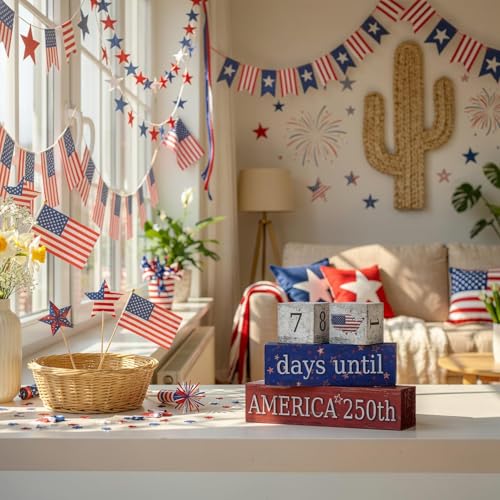 Smile Patriotic 250th Anniversary Countdown Calendar - Wooden Blocks Decor with Days Until Sign, 4th of July & Memorial Day Tiered Tray Decor, American Holiday Home Decor - style: Countdown