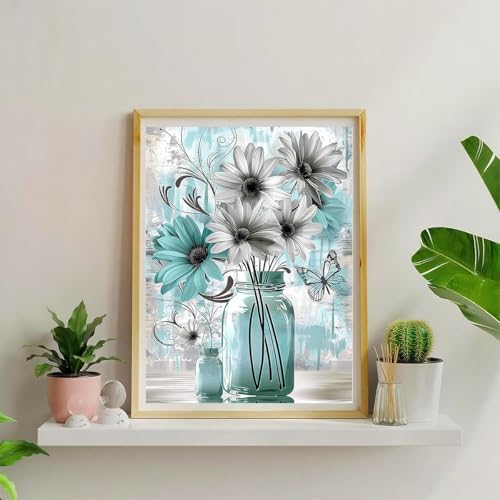 Amz Camel Diamond Painting Kit, 30x40cm White Flowers in Vase Still Life Art, Elegant Round Drill DIY Craft, Minimalist Home Decor Gift