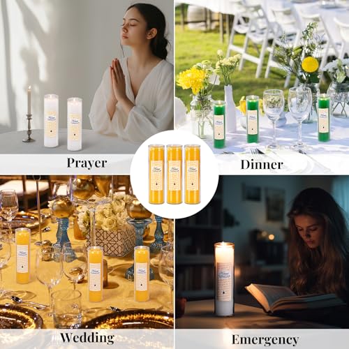 KONNI 2x8 Inch Yellow Pillar Candles in Glass Set of 3, Devotional Prayer Candle, Unscented Religious Candles, 105 Hours Emergency Long Burning, Ideal for Memorials, Vigil, Blessing - color: Yellow