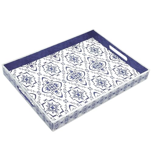 Serving Tray with Handles, 15.7 * 11.8 inches, Plastic Ottoman Tray with Exquisite Paintings, Trays for Coffee Table - color: Blue White
