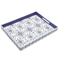 Serving Tray with Handles, 15.7 * 11.8 inches, Plastic Ottoman Tray with Exquisite Paintings, Trays for Coffee Table - color: Blue White