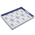 Serving Tray with Handles, 15.7 * 11.8 inches, Plastic Ottoman Tray with Exquisite Paintings, Trays for Coffee Table - color: Blue White