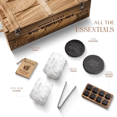 Mixology & Craft Whiskey Gift Set - Includes 2 Lead-Free Crystal Glasses, 8 Granite Chilling Stones, 2 Slate Coasters, Metal Tongs & Recipe Cards with a Wooden Army Crate Box - size: Army Crate