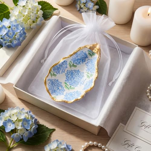 Natural Oyster Ring Trinket Dish Vintage Jewelry Tray for Keys Small Jewelry Holder for Bridal Shower Favors Friends Sisters Daughter Mother Gift Seaside Style Decor(Blue Hydrangea) - style: Blue Hydrangea