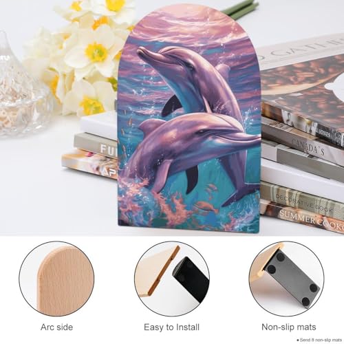 Dolphins Art Bookends for Shelves, Heavy Duty Wood Book Ends Decorative Book Holder for Bookshelf, Rustic Office Classroom Library Home Decor, 1 Pair (4.7x6.7 Inch)