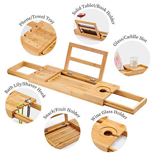 Utoplike Bamboo Bathtub Caddy Tray Bath Tray for Tub, Adjustable Bathroom Bathtub Organizer with Book Tablet Wine Glass Cup Towel Holder - color: 19.8-33.5 in